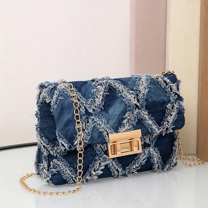 Elegant Blue Diamond Quilted Crossbody Bag with Detachable Chain Strap - Vintage Washed Denim Look, Lightweight & Stylish