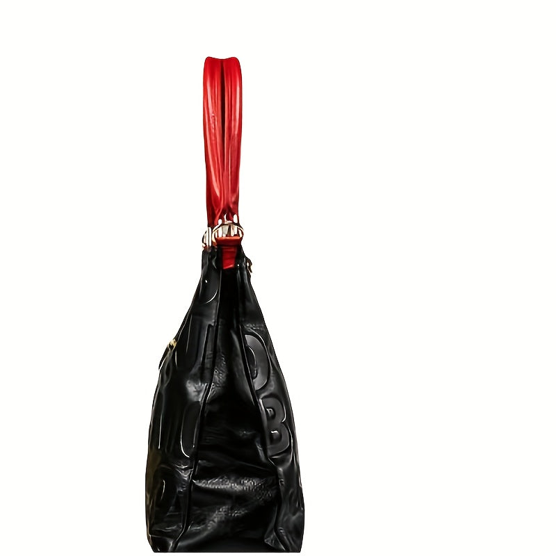 Genuine Leather Shoulder Bag for Women, Casual Water-Resistant Handbag with Adjustable Strap, Solid Color Red & Black Zipper Closure, Hand Wash or Professional Clean