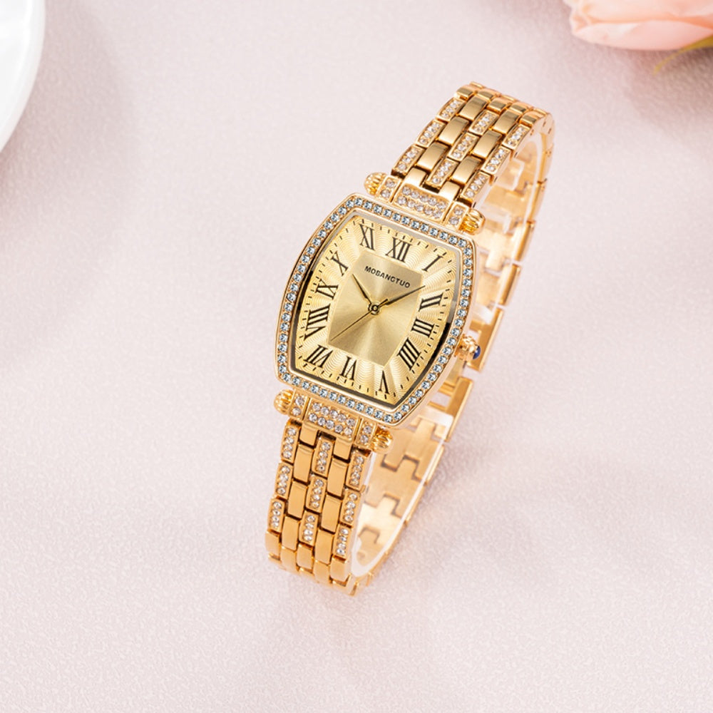 Stylish Women's Timepiece with Steel Band And Roman Numerals, Unique Tonneau-Shaped Case, Quartz Movement