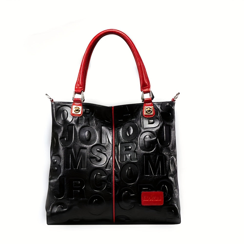 Genuine Leather Shoulder Bag for Women, Casual Water-Resistant Handbag with Adjustable Strap, Solid Color Red & Black Zipper Closure, Hand Wash or Professional Clean