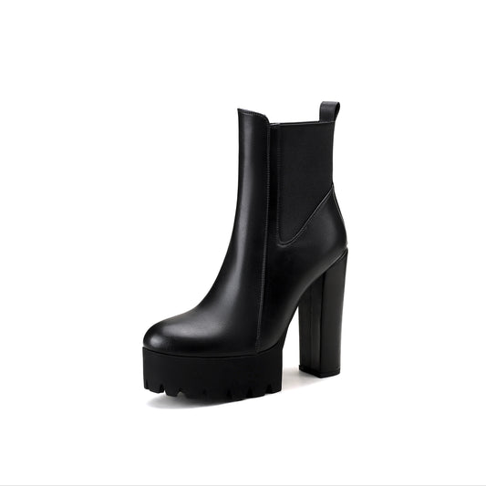 Women's Black, Round Toe, Slip-On, Faux Cover Boots