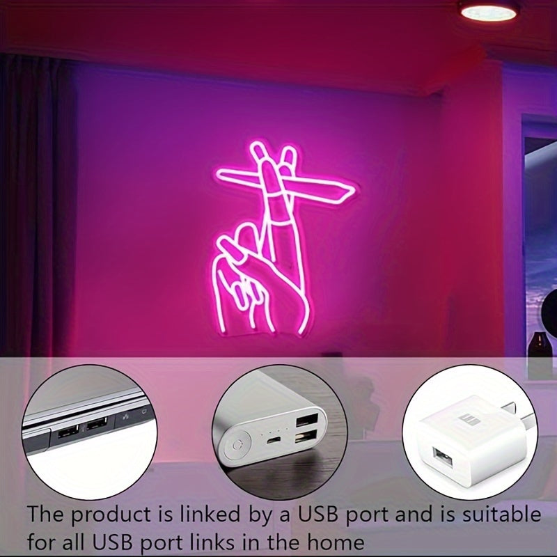 USB-Powered Pink LED Neon Gesture Sign - Stylish Hand Design for Wall Decor, Perfect for Bedroom, Living Room, Office, Bar, and Game Room, Cute Room Decor