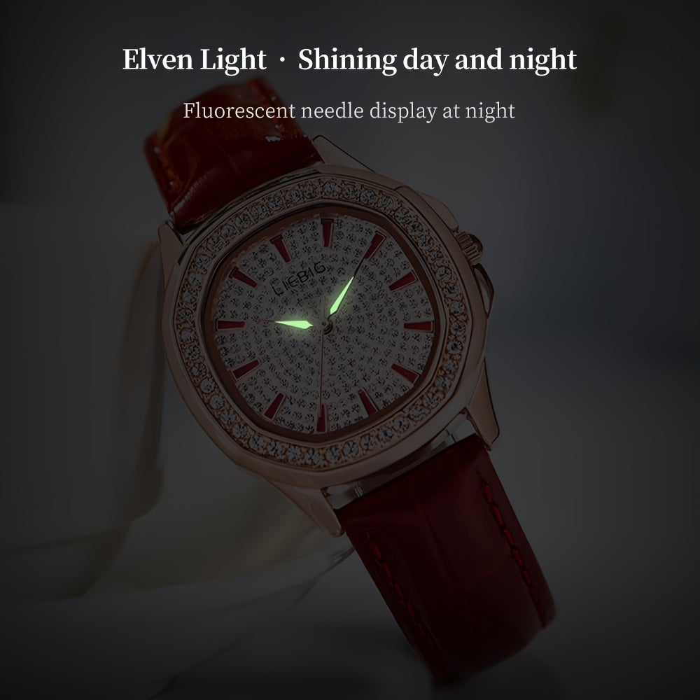 Women's Elegant Rhinestone-Adorned Wristwatch with Luminous Hands, Red Balloon Analog Watch, PU Strap & Quartz Movement